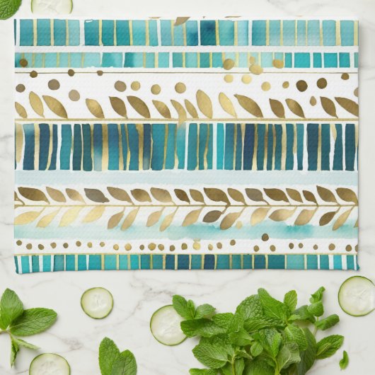 Bladmix en luciferstrepen blauwgroen en goud theedoek (Gevouwen)