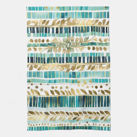 Bladmix en luciferstrepen blauwgroen en goud theedoek (Verticaal)