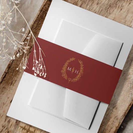Bladmonogramkunsttekening donkerburgundy goud uitnodigingen wikkel