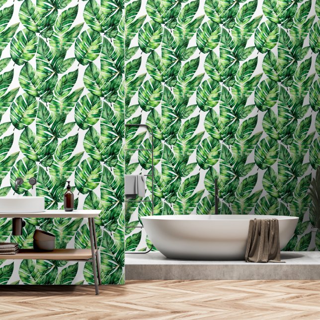 Bladmonstera evergreen pattern oerwoud foliage spa behang (Badkamer)