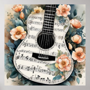 Bladmuziek akoestische gitaar in perzikbloemen poster