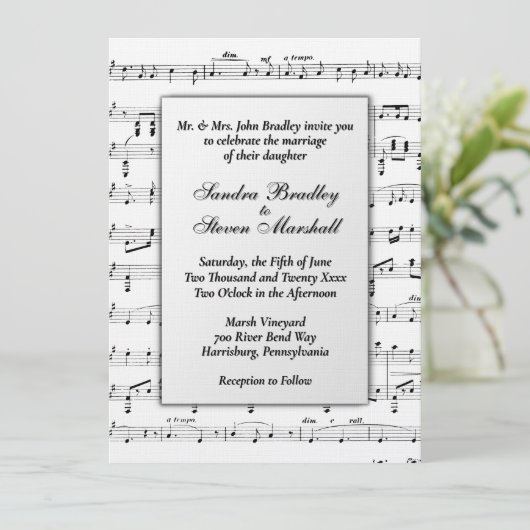 Bladmuziek bruiloft thema uitnodiging (Staand voorkant)