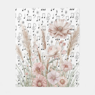  bladmuziek met roze pioenroos wilde bloemen fleece deken