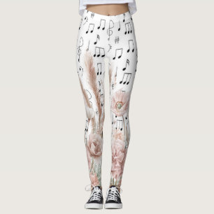 bladmuziek met roze pioenroos wilde bloemen leggings
