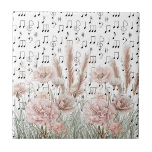 bladmuziek met roze pioenroos wilde bloemen tegeltje