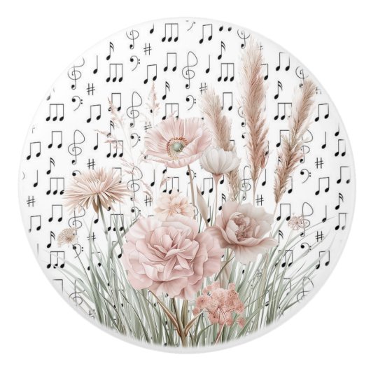 bladmuziek met roze wilde bloemen keramische knop (Voorkant)