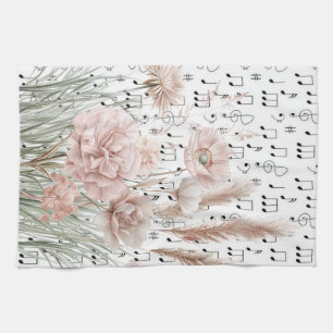  bladmuziek met roze wilde bloemen theedoek