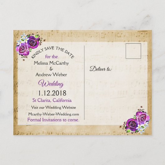 Bladmuziek Paarse Roos Het Briefkaart Datum opslaa (Achterkant)