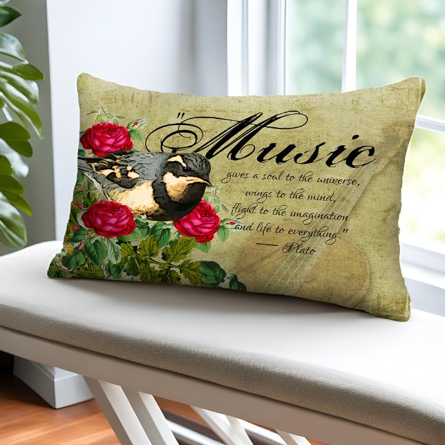  Bladmuziek Quote Viool Red Rose en Bird Accent Kussen (Vintage music pillow with songbird, roses and violin)