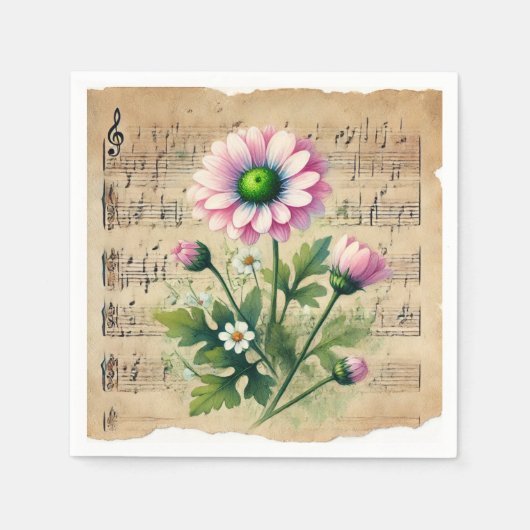 Bladmuziek Roze & Groene Daisies Decoupage Servet (Voorkant)