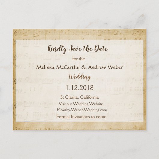 Bladmuziek Roze roos Save the Date Briefkaart (Achterkant)