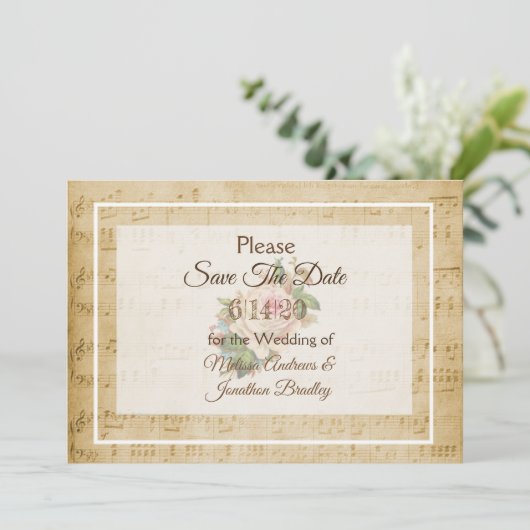 Bladmuziek Roze roos Save the Date Kaart (Staand voorkant)