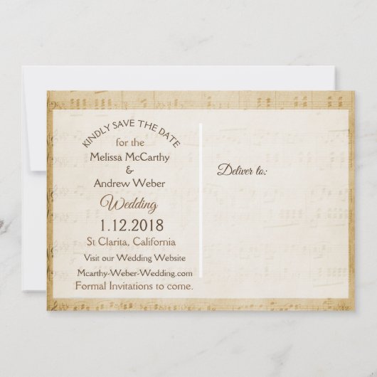 Bladmuziek Roze roos Save the Date Kaart (Achterkant)