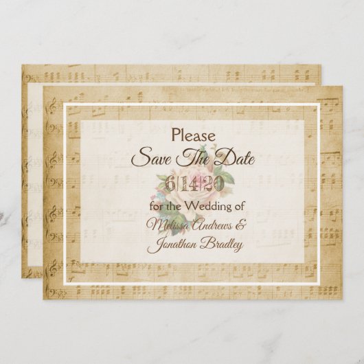 Bladmuziek Roze roos Save the Date Kaart (Voorkant / Achterkant)