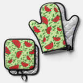 Bladpatroon en watermeloenen ovenwant & pannenlap set (Voorkant / Achterkant)