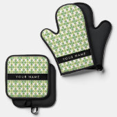 Bladpatroon, Groene bladeren, Jouw naam Ovenwant & Pannenlap Set (Voorkant / Achterkant)