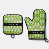 Bladpatroon, Groene bladeren, Jouw naam Ovenwant & Pannenlap Set (Voorkant)
