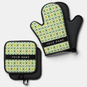 Bladpatroon, Groene bladeren, Jouw naam Ovenwant & Pannenlap Set (Voorkant / Achterkant)