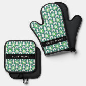 Bladpatroon, Groene bladeren, Jouw naam Ovenwant & Pannenlap Set (Voorkant / Achterkant)