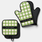 Bladpatroon, Groene bladeren, Jouw naam Ovenwant & Pannenlap Set (Voorkant / Achterkant)