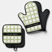 Bladpatroon, Groene bladeren, Jouw naam Ovenwant & Pannenlap Set (Voorkant / Achterkant)