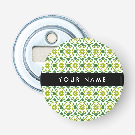 Bladpatroon, Groene Bladeren, Uw Naam Button Flesopener (Voorkant)