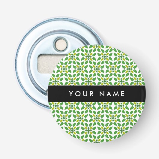 Bladpatroon, Groene Bladeren, Uw Naam Button Flesopener (Voorkant)