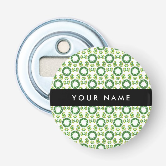 Bladpatroon, Groene Bladeren, Uw Naam Button Flesopener (Voorkant)