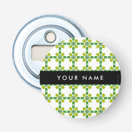 Bladpatroon, Groene Bladeren, Uw Naam Button Flesopener (Voorkant)