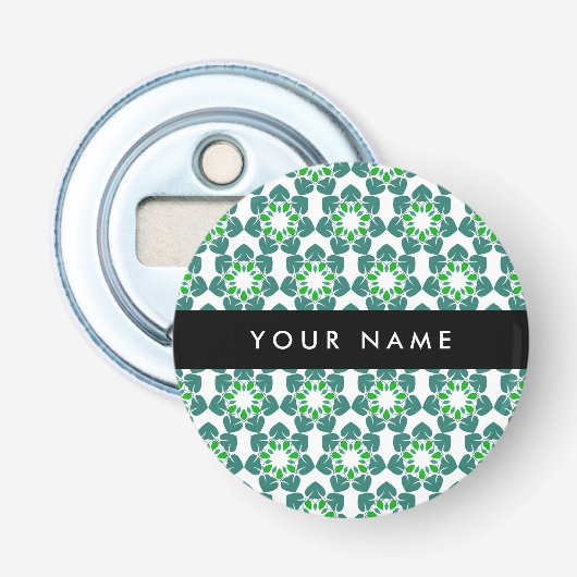 Bladpatroon, Groene Bladeren, Uw Naam Button Flesopener (Voorkant)