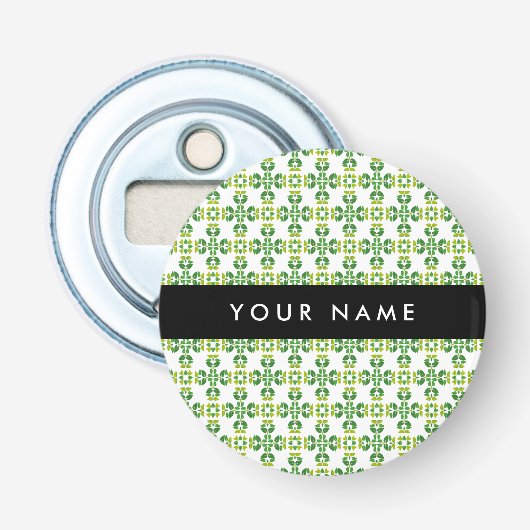 Bladpatroon, Groene Bladeren, Uw Naam Button Flesopener (Voorkant)