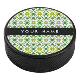 Bladpatroon, groene bladeren, uw naam hockey puck