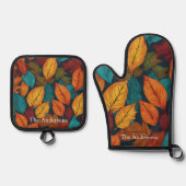 Bladpatroon herfstkleuren rustieke herfstbladeren ovenwant & pannenlap set (Voorkant)