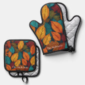 Bladpatroon herfstkleuren rustieke herfstbladeren ovenwant & pannenlap set (Voorkant / Achterkant)