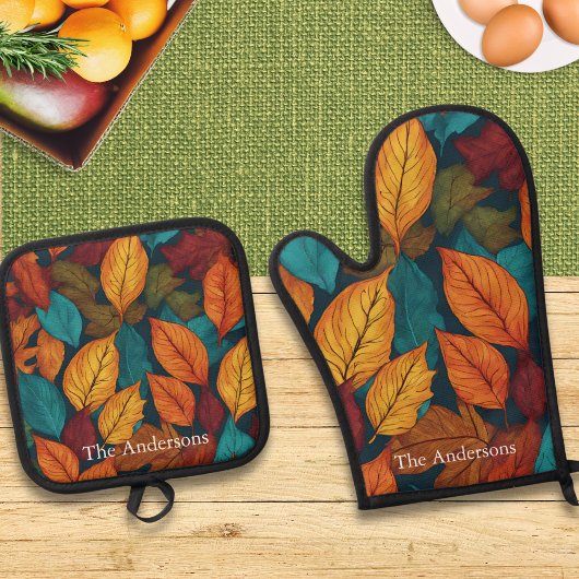 Bladpatroon herfstkleuren rustieke herfstbladeren ovenwant & pannenlap set