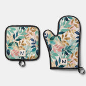 Bladpatroon kleurrijke bladeren monogram ovenwant & pannenlap set (Voorkant)