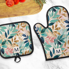 Bladpatroon Mooie Kleurrijke Bladeren Met Monogram Ovenwant & Pannenlap Set