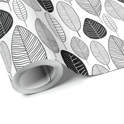 Bladpatroon - Zwart op Wit Cadeaupapier (Rol Hoek)