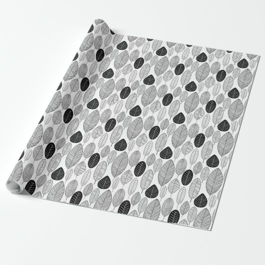 Bladpatroon - Zwart op Wit Cadeaupapier (Uitgerold)