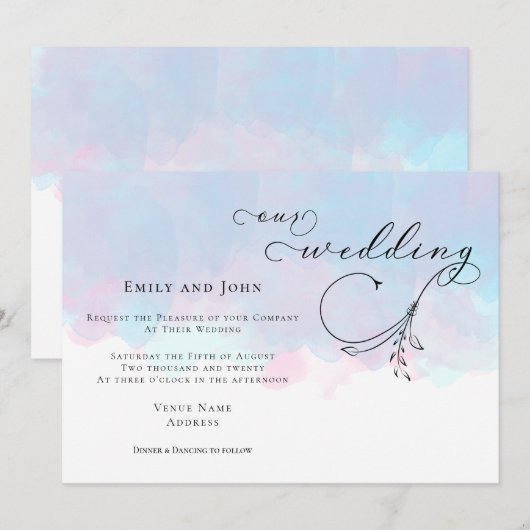 Bladschrift Roze Blauw Lila Waterverven Bruiloft Kaart (Voorkant / Achterkant)