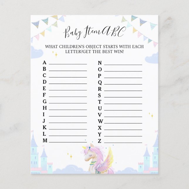 Bladspel "Baby Item ABC" voor baby shower. (Voorkant)