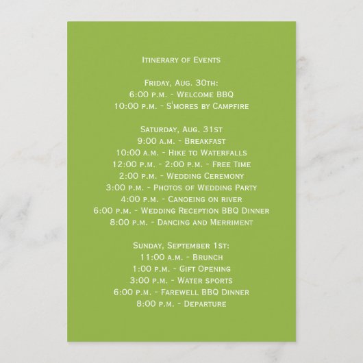 Bladtak Camping of Natuur Huwelijksuitnodiging Programmakaart (Achterkant)