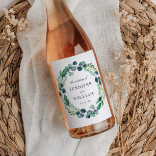 Bladvormige Waterverf Botanicals Krans Bruiloft Wijn Etiket