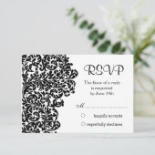 Bladzwarte damast wervelingen Wedding RSVP (Staand voorkant)