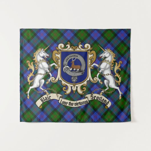 Blair Clan Badge & Unicorns met Tartan Wandkleed (Voorkant (horizontaal))