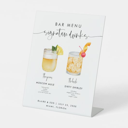 BLAIRE Modern Wedding Signature Drinken Menu Pedes Reclamebord Met Voetstuk (Voorkant)