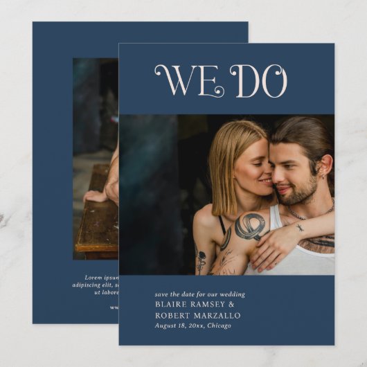 Blaire Navy Blue Modern Wedding Save The Date (Voorkant / Achterkant)