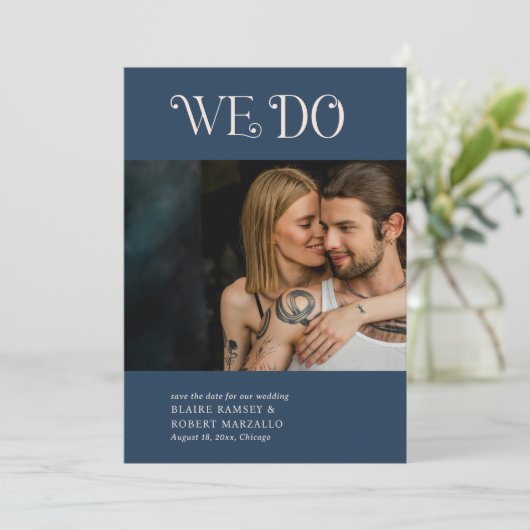 Blaire Navy Blue Moderne Trouwdag Save The Date (Staand voorkant)