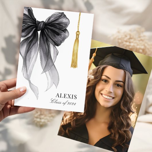 Blak Bow Coquette Photo Graduation Cap Tassel Aankondiging