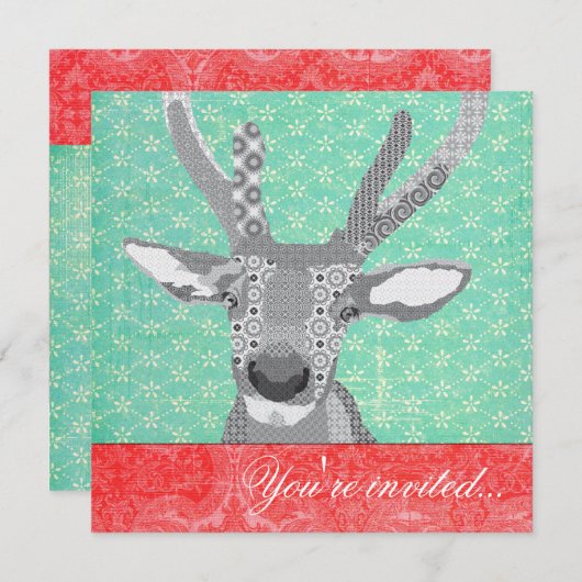 Blak & White Reindeer Turquoise Red Kaart (Voorkant / Achterkant)